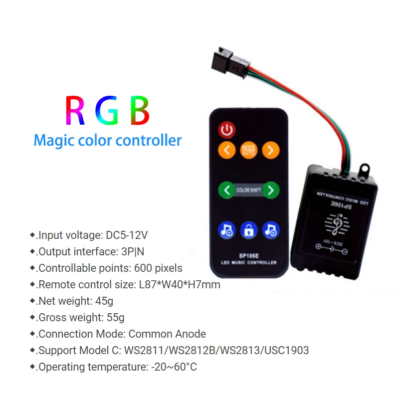 SP106E Music Controller RF Remoter For SK6812 SK6812 WS2811 WS2812B UCS1903 SM16703 Full Color Addressable 600 Pixel LED Strip