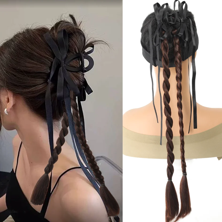 

Synthetic women's 20 inch black bow ribbon clip ponytail, straight hair, black/brown ponytail, suitable for daily use