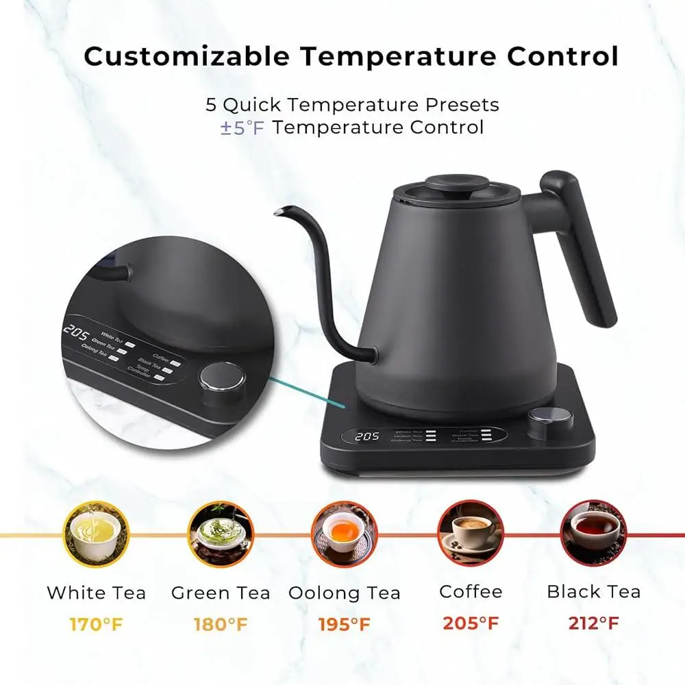 Bollitore elettrico a collo di cigno Controllo della temperatura di precisione 5 preimpostazioni ±5 ° Regolazione F 1200 W Bollizione rapida 2 ore Mantieni caldo Display in tempo reale