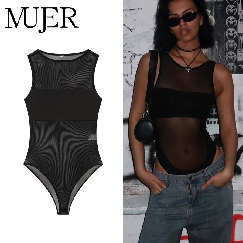 MUJER Sexy Tulle Body Suits Women Sleeveless Tops Mesh Bodysuit Women Summer Jumpsuits for Women Transparent Lingerie Bodysuits