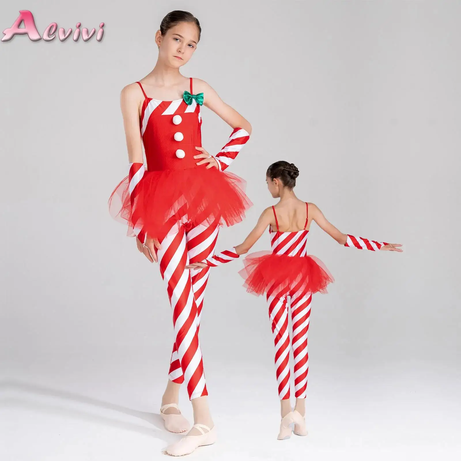 

Kids Girls Christmas Candy Cane Costume Sleeveless Stripes Pompom Jumpsuit Mesh Tutu Dress with Oversleeves for Xmas Performance