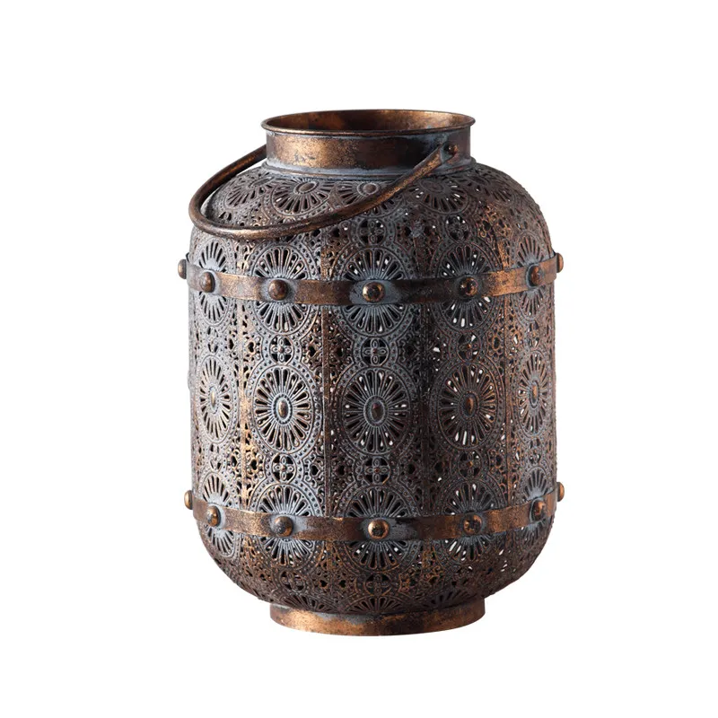 Hollow Carved Handheld Iron Lantern Candle Holder, Table Decor for Candlelight Dinner