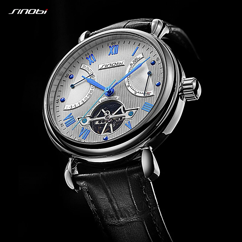 SINOBI Mens Automatic Mechanical Watch Tourbillon Males Skeleton Wrist Watches Quality Gift Box Wristwatches Relojes Mecanicos