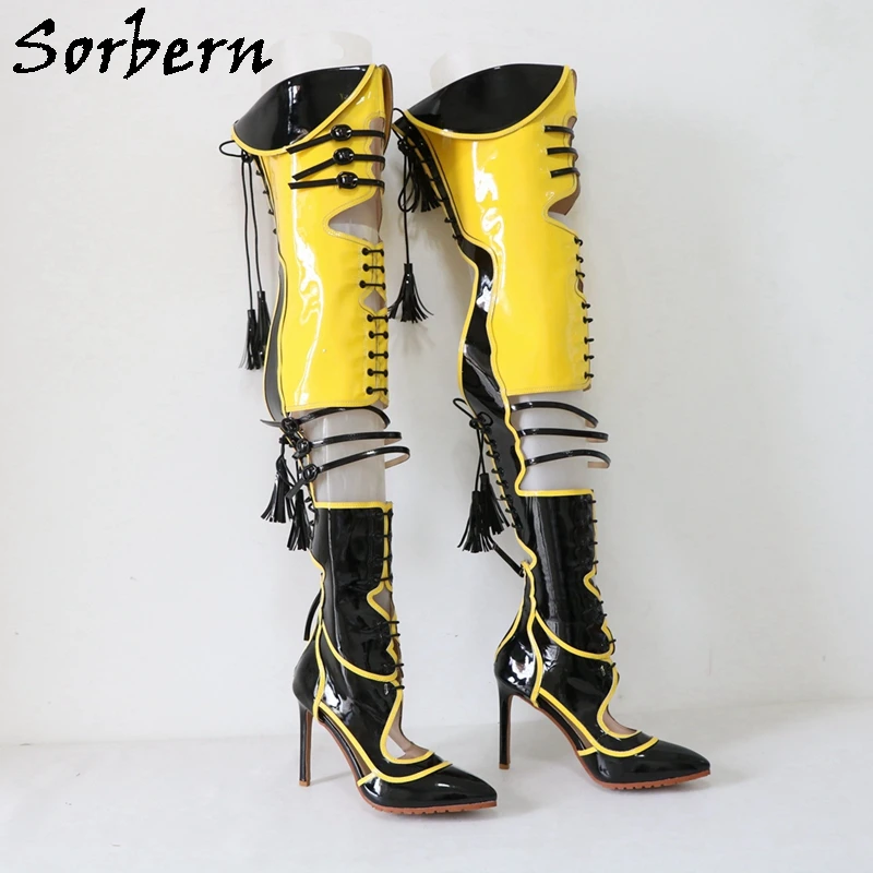 Sorbern Sexy żółte czarne buty damskie Over The Knee Lace Up powrót kontrastowe kolory Pointed Toe szpilki wysokie obcasy niestandardowe nogi