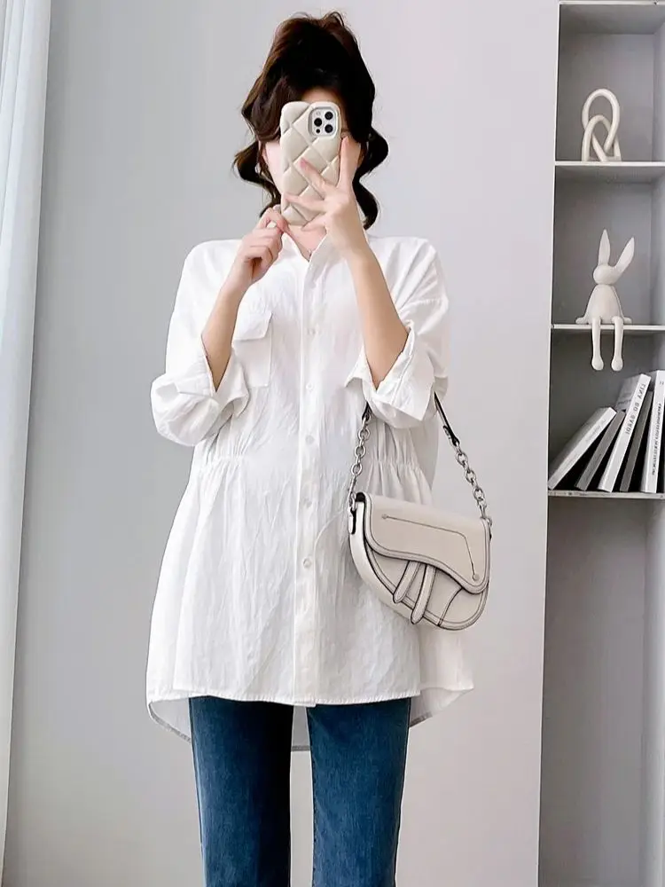 

Plus Size Office Lady White Shirts Long Sleeve Turn-down Collar Pregnant Women's Professional Clothing Maternity Formal Blouses