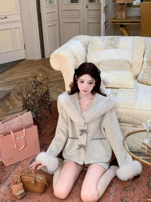 

Теплый шерстяной комплект из двух предметов: пальто с воротником и юбка с высокой талией в стиле пэчворк для женщин, зимняя мода, винтажный стиль