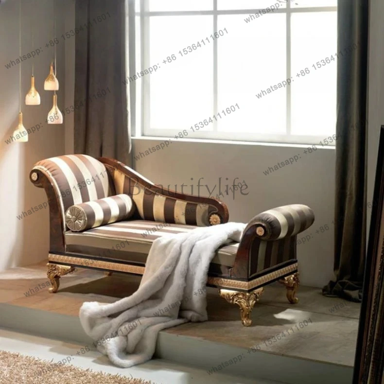 Neoclassical solid wood carving flower beauty couch bedroom luxury fabric European chaise longue sofa leisure chair