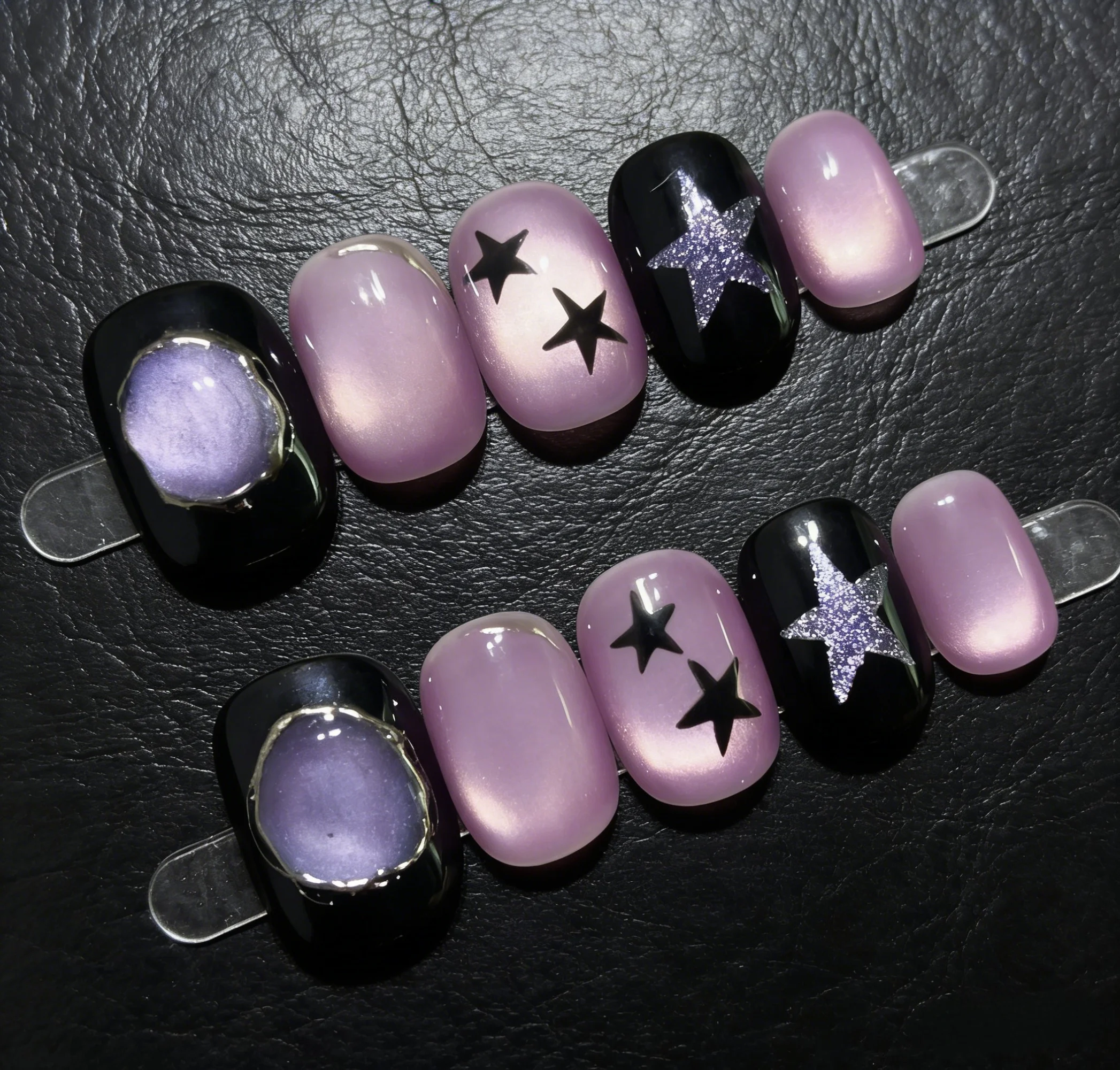 

10pcs Purple Handmade Nails Pink Crystal Cat-Eye Press on Nail Short Oval Full Coverage Nail Tips for Women&Girl False Nail