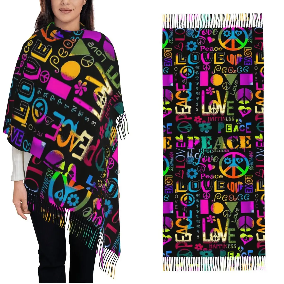 

Женский шарф с кисточками Peace Foral Love Pattern, большая зимне-осенняя шаль, Радужные подарки, кашемировый шарф
