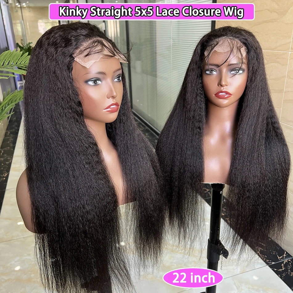 

Парик из натуральных вьетнамских волос Kinky Straight 5x5 с прозрачной кружевной застежкой, предварительно выщипанный, 200% плотность # Натуральный черный парик из необработанных волос 1B