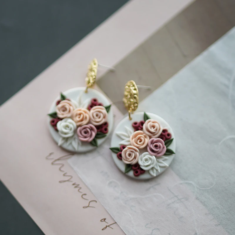 French Romantic Sculpted Flower Bouquet Earrings Polymer Clay Pastel Rose Petal Drop Vintage Gold Stud Floral Sweet Wedding