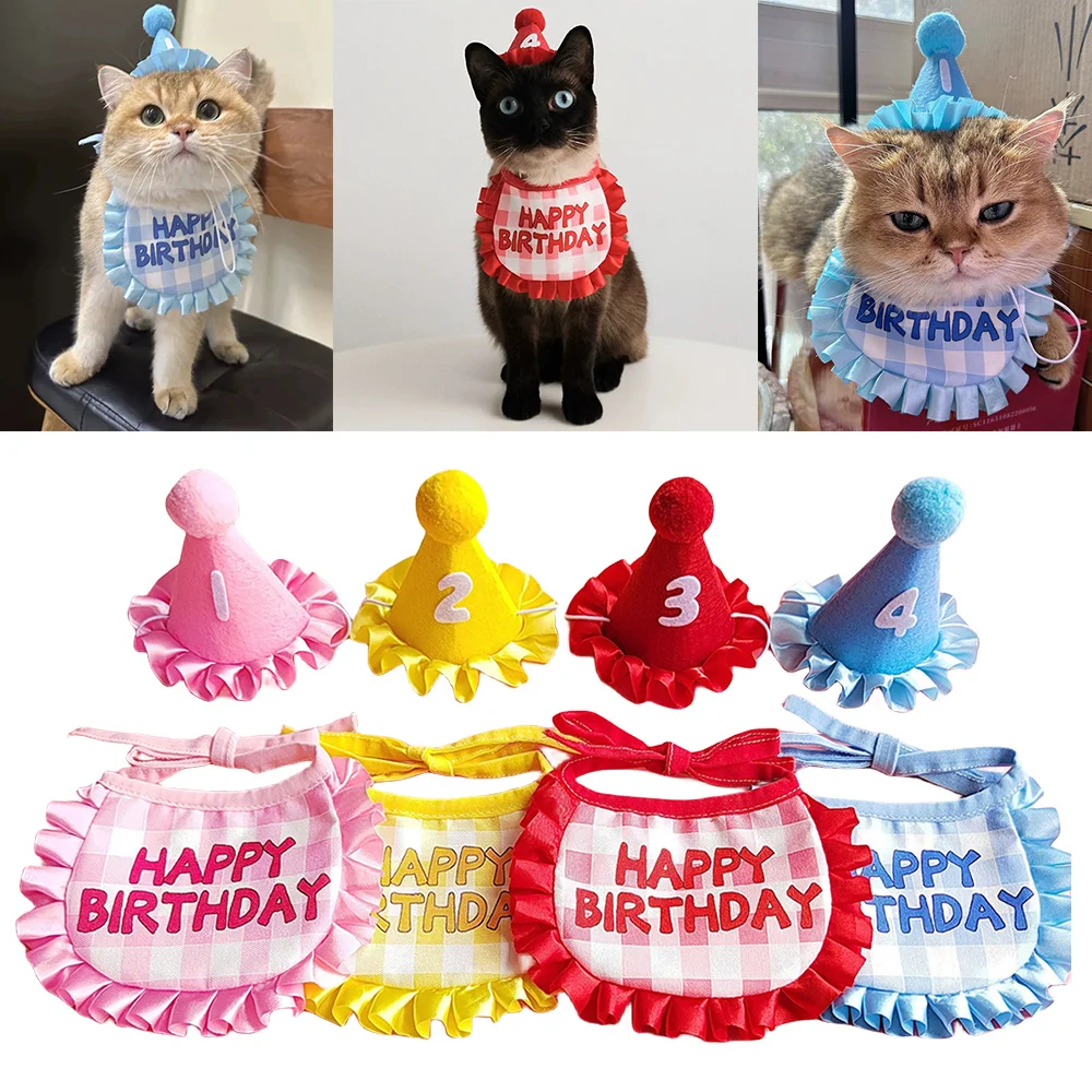 Cute Cat Dog Birthday Bib And Party Hat Mini Doggy Cat Adjustable Bandana Scarf Saliva Towel Pet Birthday Outfit Puppy Supplies