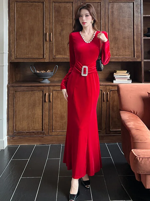 

Элегантное бархатное платье-футляр с длинным рукавом и V-образным вырезом для женщин, роскошное вечернее платье с завышенной талией для осени и зимы