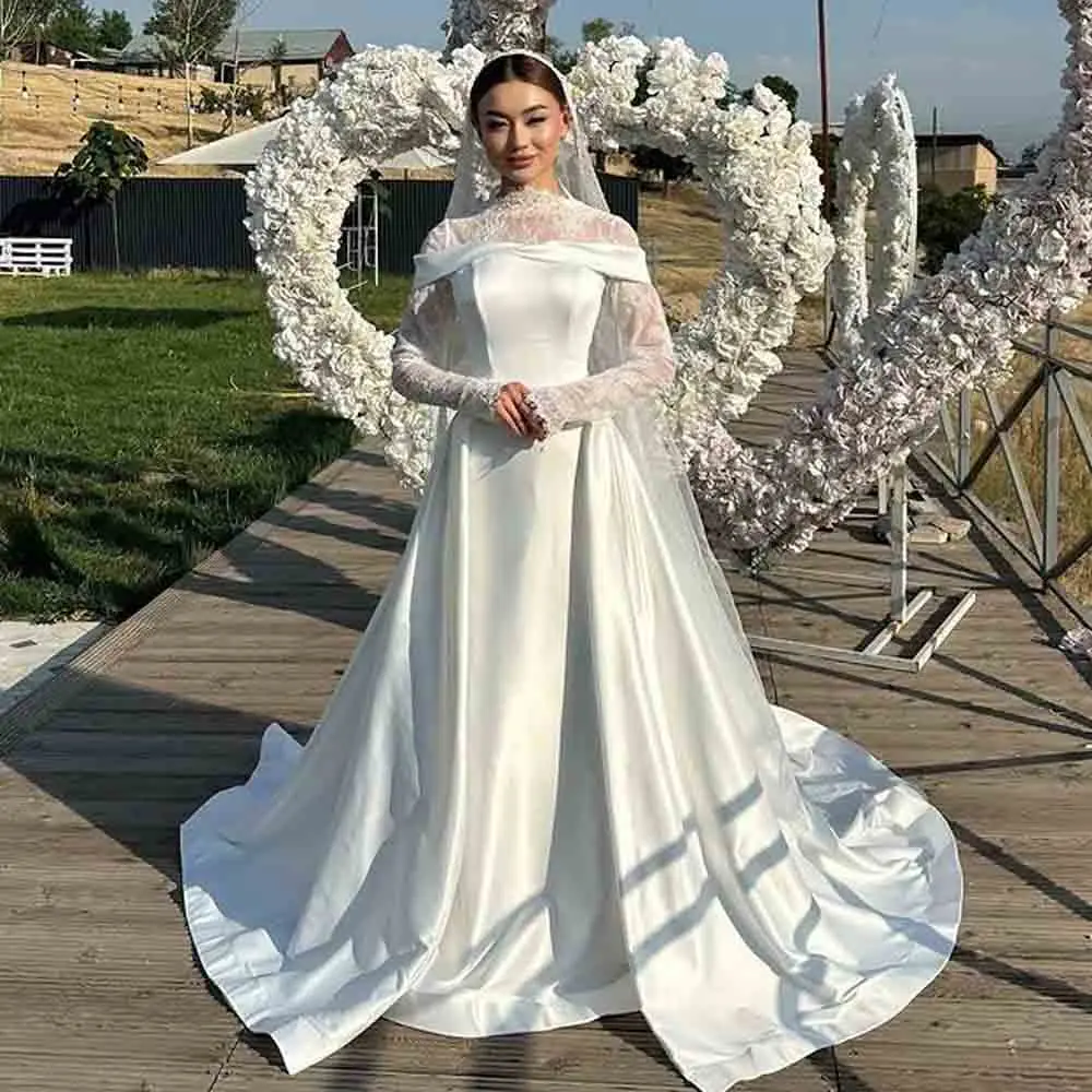 Customized Elegant Mermaid Satin Wedding Dress with Detachable Train Off the Shoulder Lace Sleeves Bridal Gown estidos de novia
