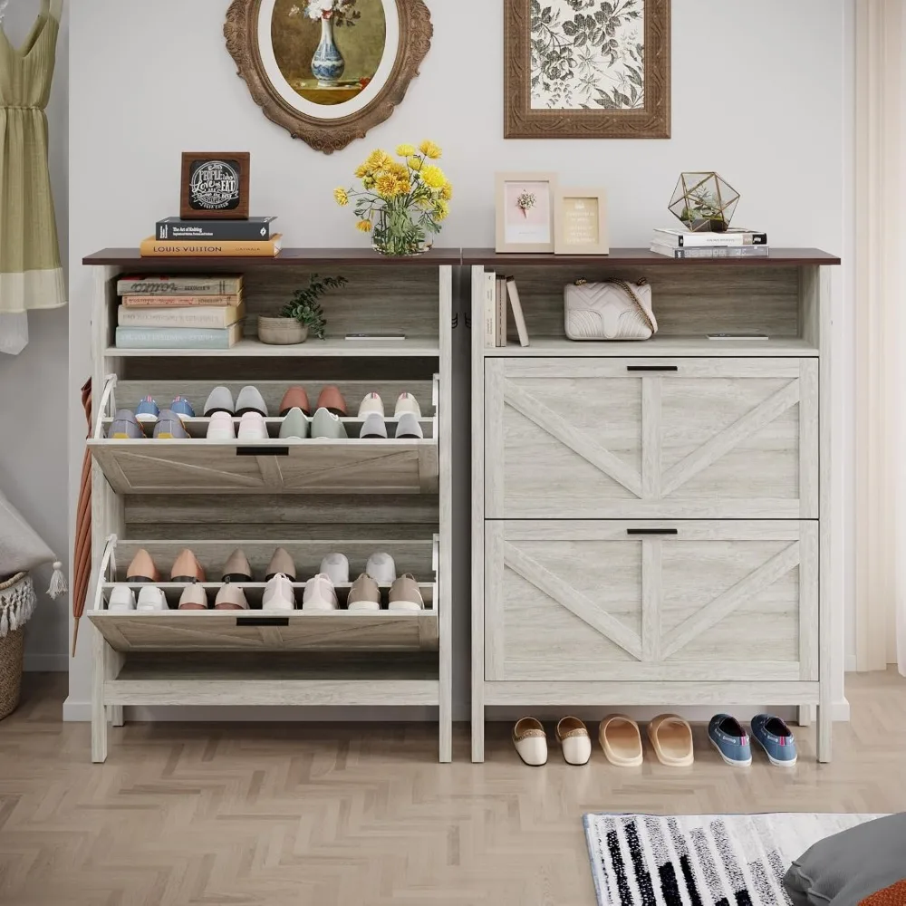 خزانة تخزين الأحذية مع درجين قابلين للطي، وظيفة إزالة الروائح الكريهة الأوتوماتيكية، خزانة تنظيم الأحذية قائمة بذاتها، بلوط بيج #2