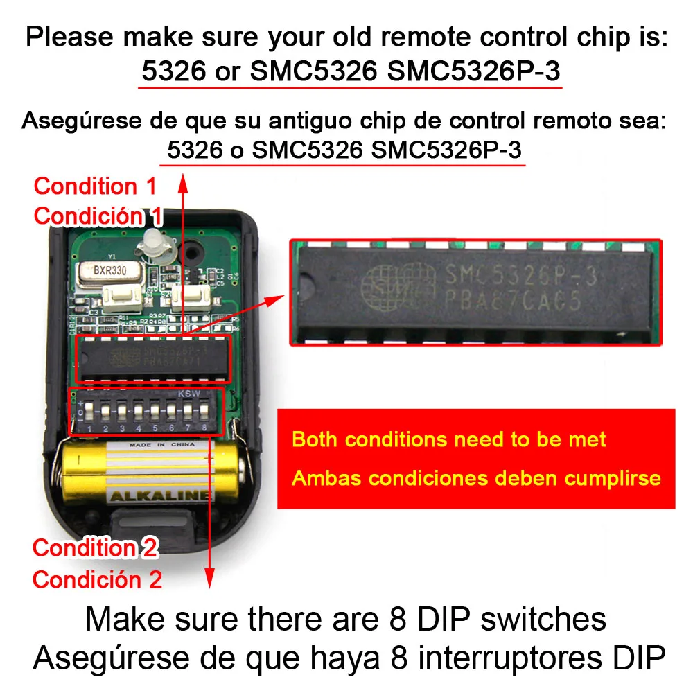 SMC5326 330MHz 433MHz Remote Control 8 DIP Switch For Gate Garage Door Opener Remote Control