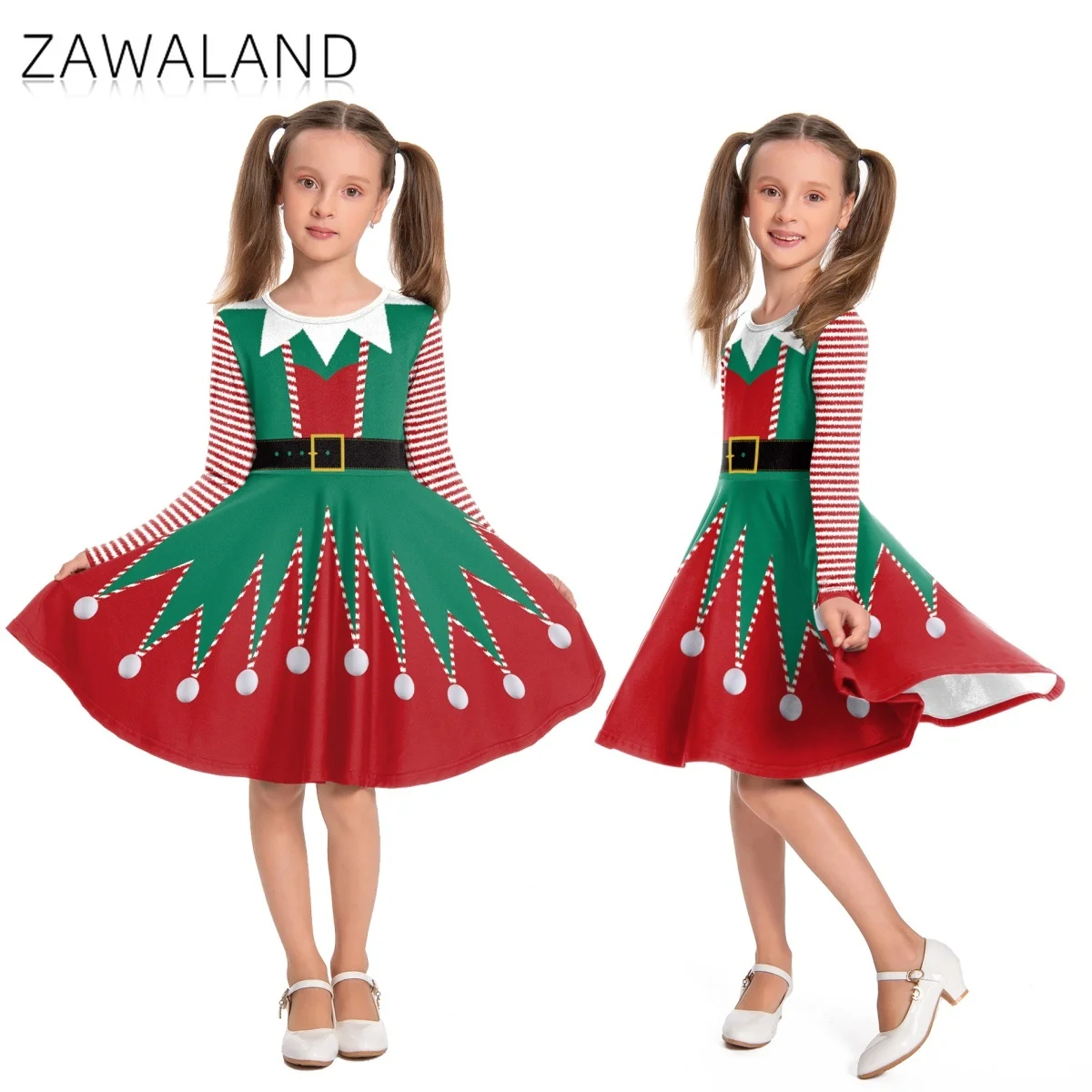 

Children Christmas Elf Cosplay Costume Print Long Sleeve Dress Xmas Party Performance Dress Carnival Festival Stage Outfit Gifts