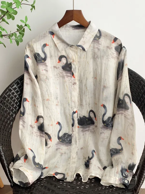 

Spring Commute Artistic Sle Long Sve irt Korean Japanese High End Large Size Turn-down Collar Versatile Cotton Top