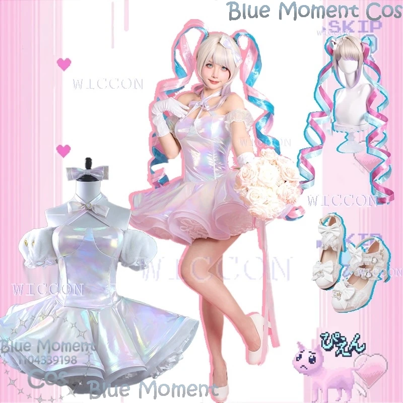 NEEDY GIRL OVERDOSE KAngel Cosplay Costume Wig Streamer Overload Lolita Dress Shoes Outfit Women Laser Skirts Ribbon Ponytail