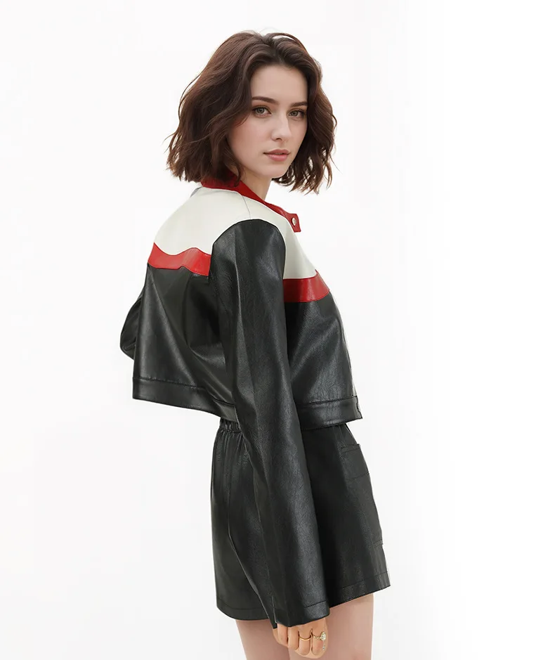 Women Contrasting Color Splicing Locomotive Suit Bomber Jacket Short Jacket PU Leather Long Sleeve