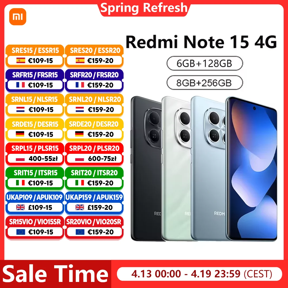 Smartphone Xiaomi Redmi Note 15 4G NFC MediaTek Helio G100-Ultra Écran 6,77" 120Hz Appareil photo 108MP Charge 33W Batterie 6000mAh