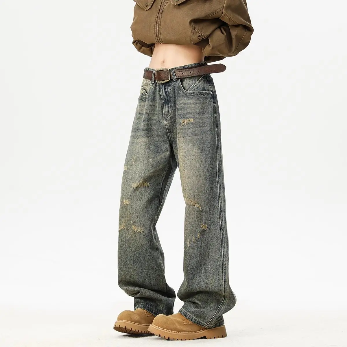 

Vintage Jeans Man Straight-leg Loose Wide-leg Washed Vintage Style Fashionable Cool Personality All-matching Zipper