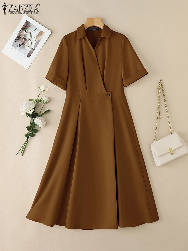 

ZANZEA Turn-Down Collar Solid A-line Midi Dresses Commute Elegant Womens Cinch Waist Shirtdress Fashion Short Sleeve Robe Femme