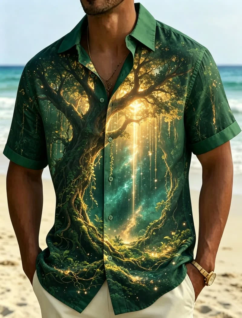 

Fantasy landscape printed short sleeved shirt, men's casual shirt, fantasy art style, suitable for hiking outfits