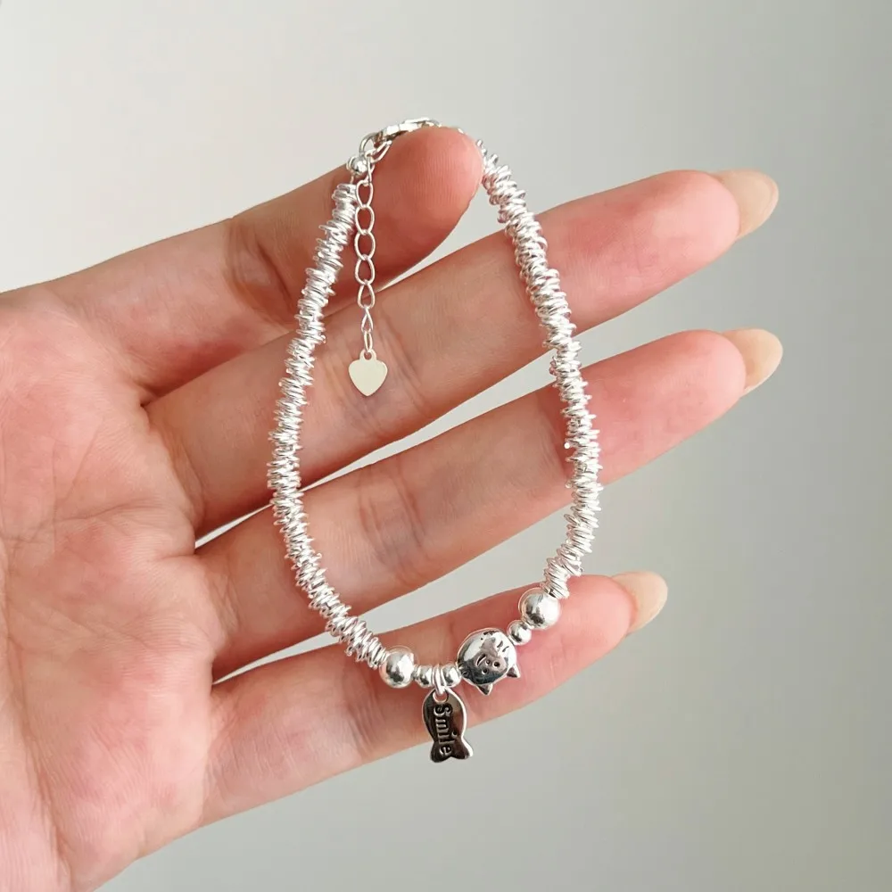 

New S925 silver bracelet with cute cartoon cat pattern design, silver ring bracelet, exquisite sweet beauty