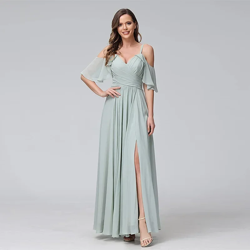 2024 Retro Elegant The Shoulder Split Chiffon Bridesmaid Dresses Women A-Line Maxi Evening Prom Dress Spaghetti Straps Vestidos