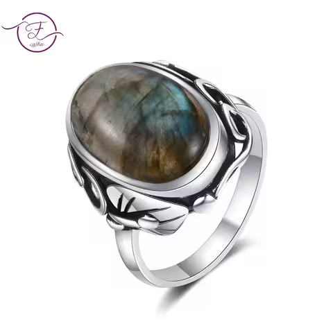 Vintage Natural Stone Ring for Women Men Labradorite Tiger Eye Silver Rings Retro Unisex Statement Jewelry Anniversary Gifts
