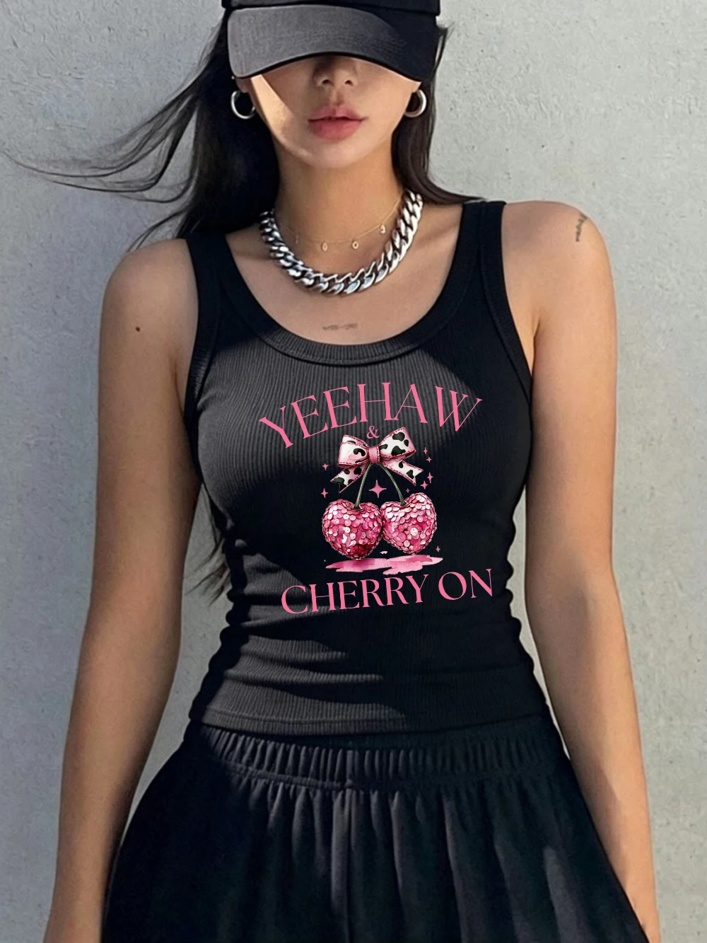 Pink Bow Cherry Printed Tank Tops Summer Y2K Womens Ribbed Knit Sleeveless Korean O-Neck Soft Cotton Singlet Sporty Slim Vest