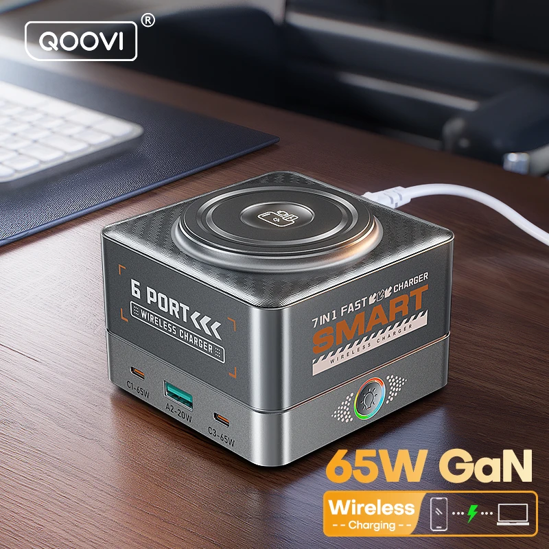 QOOVI 65W GaN Charger Station Desktop 7 in 1 Fast Charging PD3.0 PPS 15W Wireless Charge For iPhone iWatch Laptop iPad Samsung