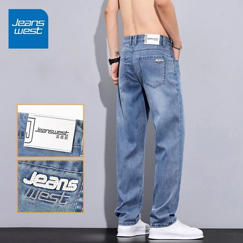 

Stretch Spring Summer Thin Men's Jeans Lyocell Fabric Breathable Straight Classic Washed Denim Pants Casual Business Trousers