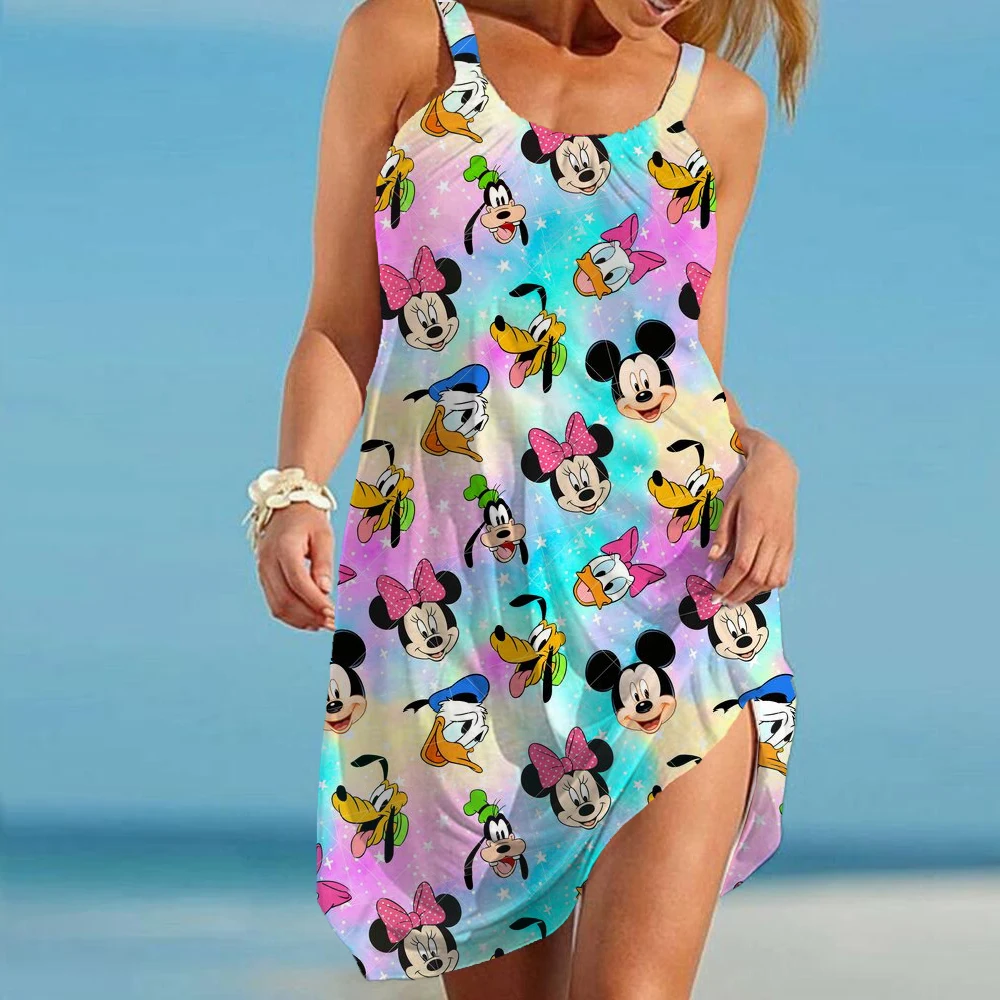 2024 Nieuwe Grote Swing Off Shoulder Losse Zomerjurk S-5xl Zomerjurken Disney Mickey Mouse Strap Strandjurk Voor Dames