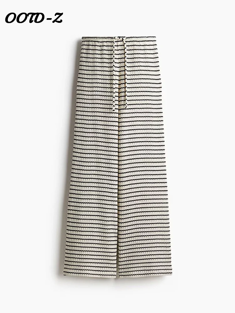 Casual Women's Knit Striped Pullover Pants Set 2025 Loose Polo Collar Short Sleeve T-shirt Drawstring Wide Leg Pant Lady Outfit