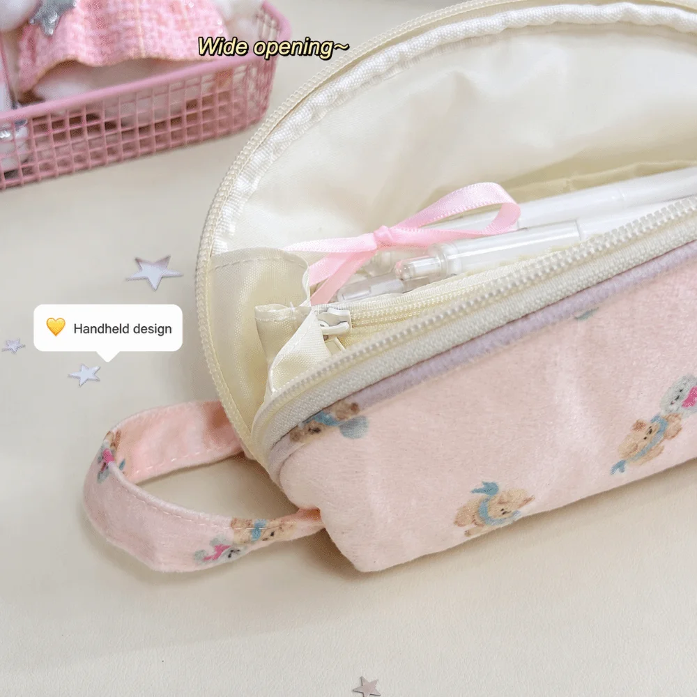 Durable Puppy Print Pencil Case With Handle Shell Shaped Pen Bag Large Capacity Multi Compartment Stationery Bag School Supplies