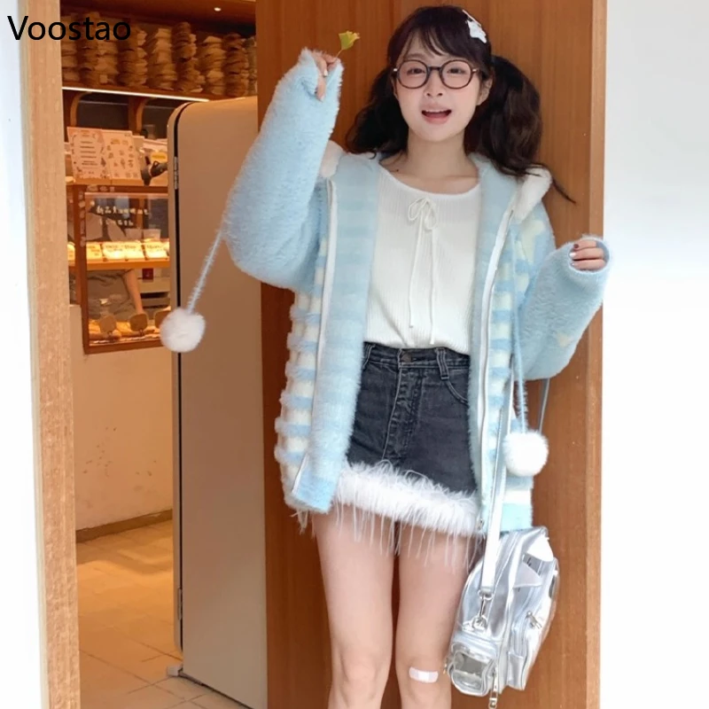 일본 카와이 로리타 스타일 니트 카디건 여성 가을 ​​겨울 달콤한 줄무늬 후드 스웨터 코트 여성 귀여운 느슨한 니트웨어