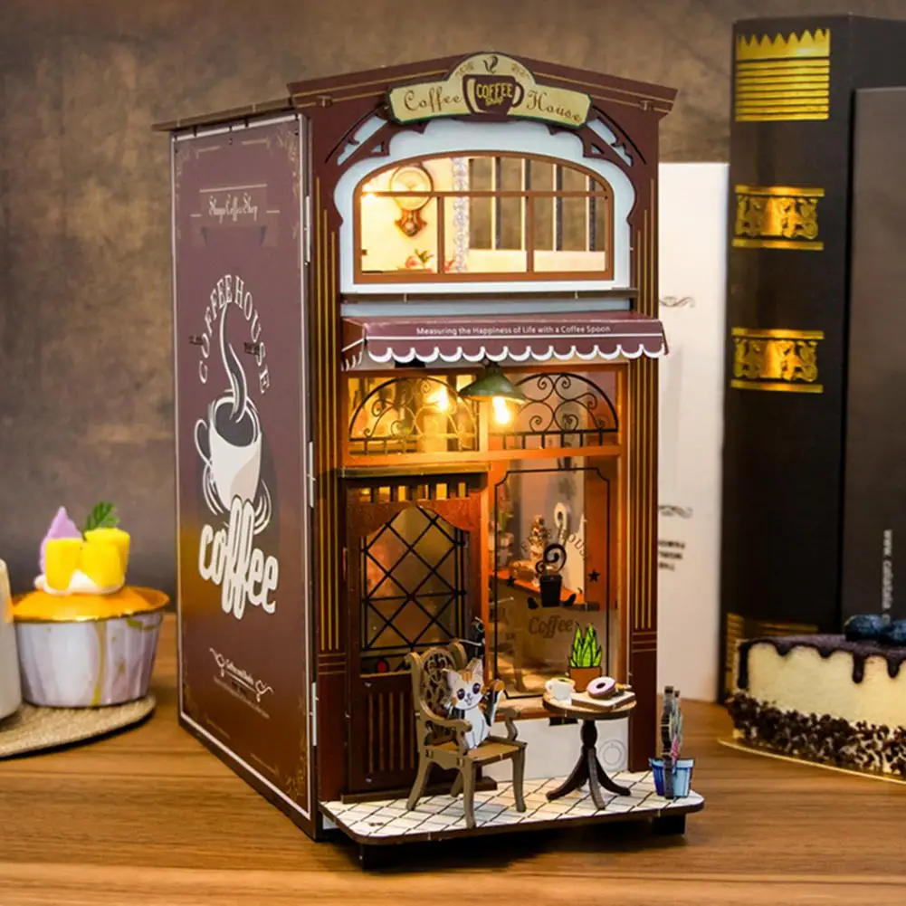 Diy Dollhouse Kit Handmade Miniature Coffee Book Nook Kit with Led Light 3d Dollhouse Building Model for Kids Teens Adults