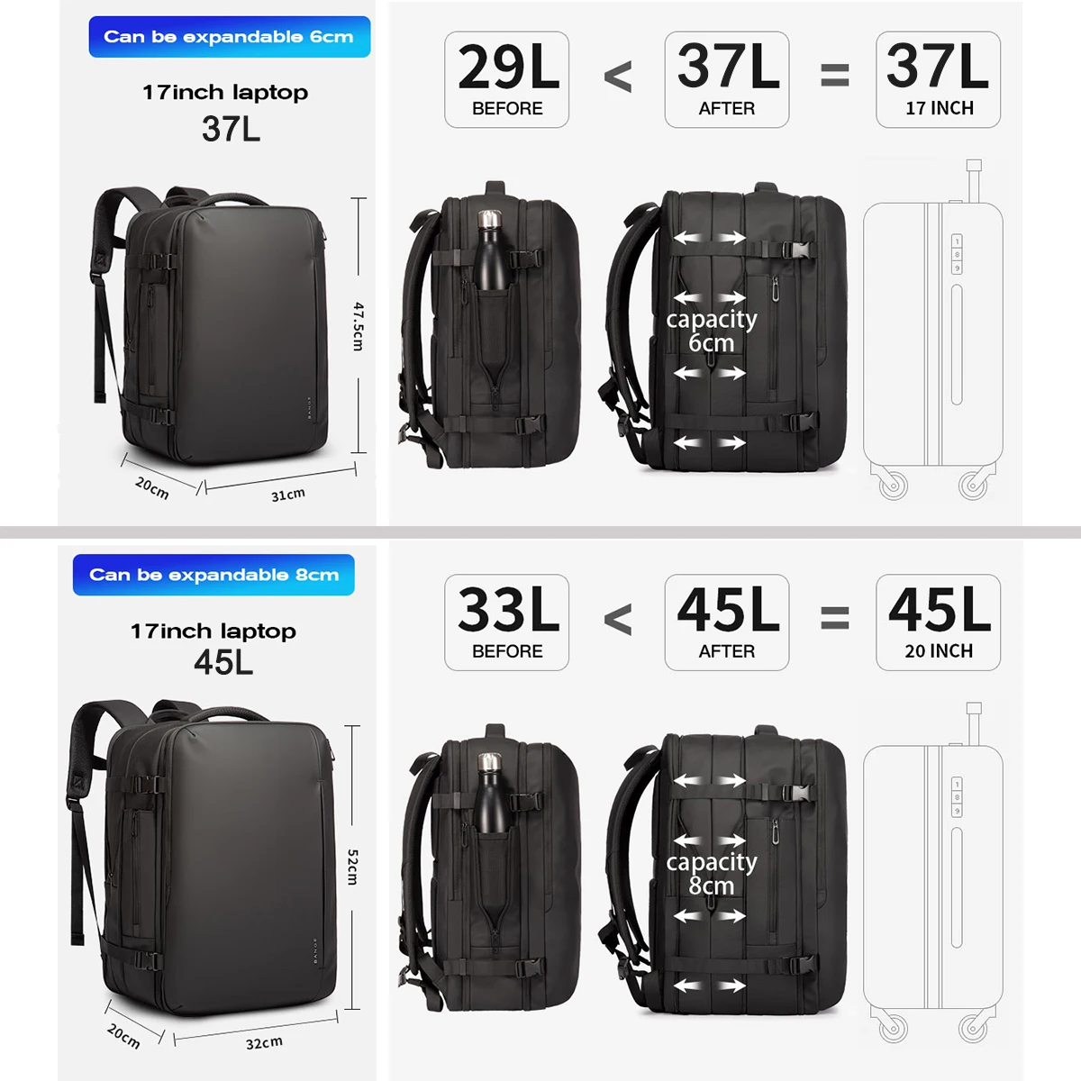 Travel Backpack Men 37L/45L Business Aesthetic Backpack School Bag Large 17.3 Laptop Backpacks Waterproof Fashion Backpack Male