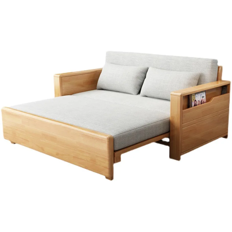 

Rubber wood solid wood sofa bed Living room retractable single with storage small apartment