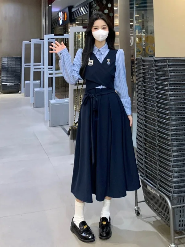 

plus Size Academy Sle Patchwork Long Sve A-Line Dr Women's Autumn New Waist Cinching Age-Defng Dr French Sle S...