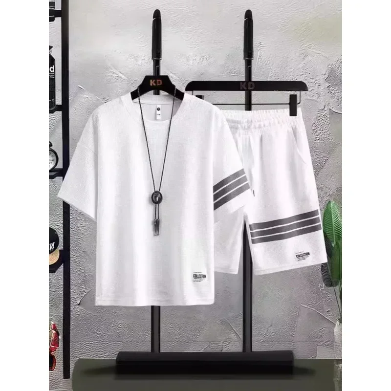 

LIBIELIY Summer Men's Short Sleeve Shorts Set Casual Sporty Waffle Pattern T-Shirt Two-Piece Suit Lightweight Comfortable Breat