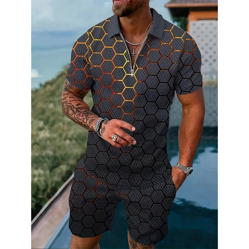 2024 Men\'s Casual Zipper Lapel Top Short Sleeve Oversized Men\'s Loose Suit Summer Casual Breathable Refreshing Sportswear Suit