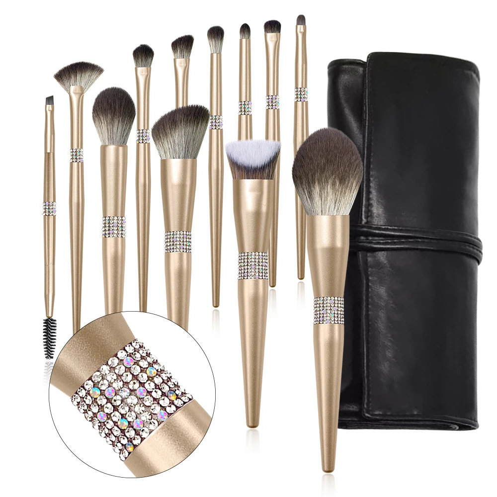 12pcs Champaign Gold Makeup Brushes Set Power Foundation Contour Eyeshadow Lip Make Up Brushes Professional Cosmetic Beauty Tool