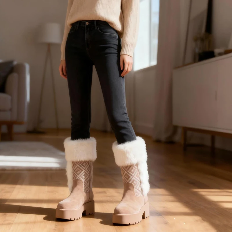 2025 شتاء جديد الخشنة عالية الكعب سميكة القاع حذاء الثلج عالي الرقبة دافئ الأوروبية والأمريكية الرجعية الجلد المدبوغ ضوء أحذية بوت قصيرة فاخرة #5