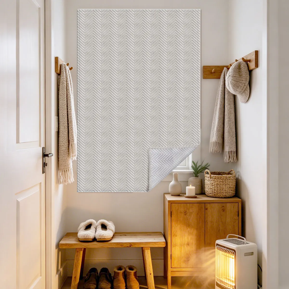 Herringbone Quilted Thermal Cold Blocking Curtain, Magic Tape No Drill Insulated Small Window Shade for Bathroom Bedroom Entrywa
