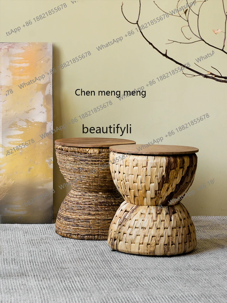 X المستوردة المنسوجة يدويا الروطان مقعد صغير القديم خشب الساج خشب متين الطعام البراز طاولة القهوة الصغيرة مقعد مستدير نمط جنوب شرق آسيا