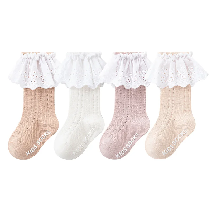 Spring/Summer Baby Girls Long Socks with Lace Thin Cotton Boneless High Barrel Princess Socks for Babies Infants Mesh Socks