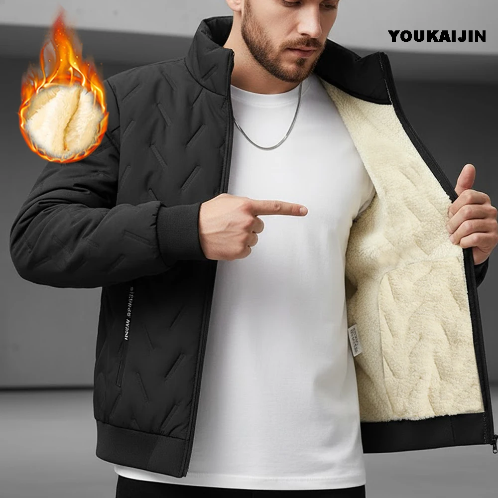 

Men's Autumn Winter Jacket Fleece Lined Quilted Coat Casual Zip Up Stand Collar Windproof Outerwear Fashion Streetwear for Male